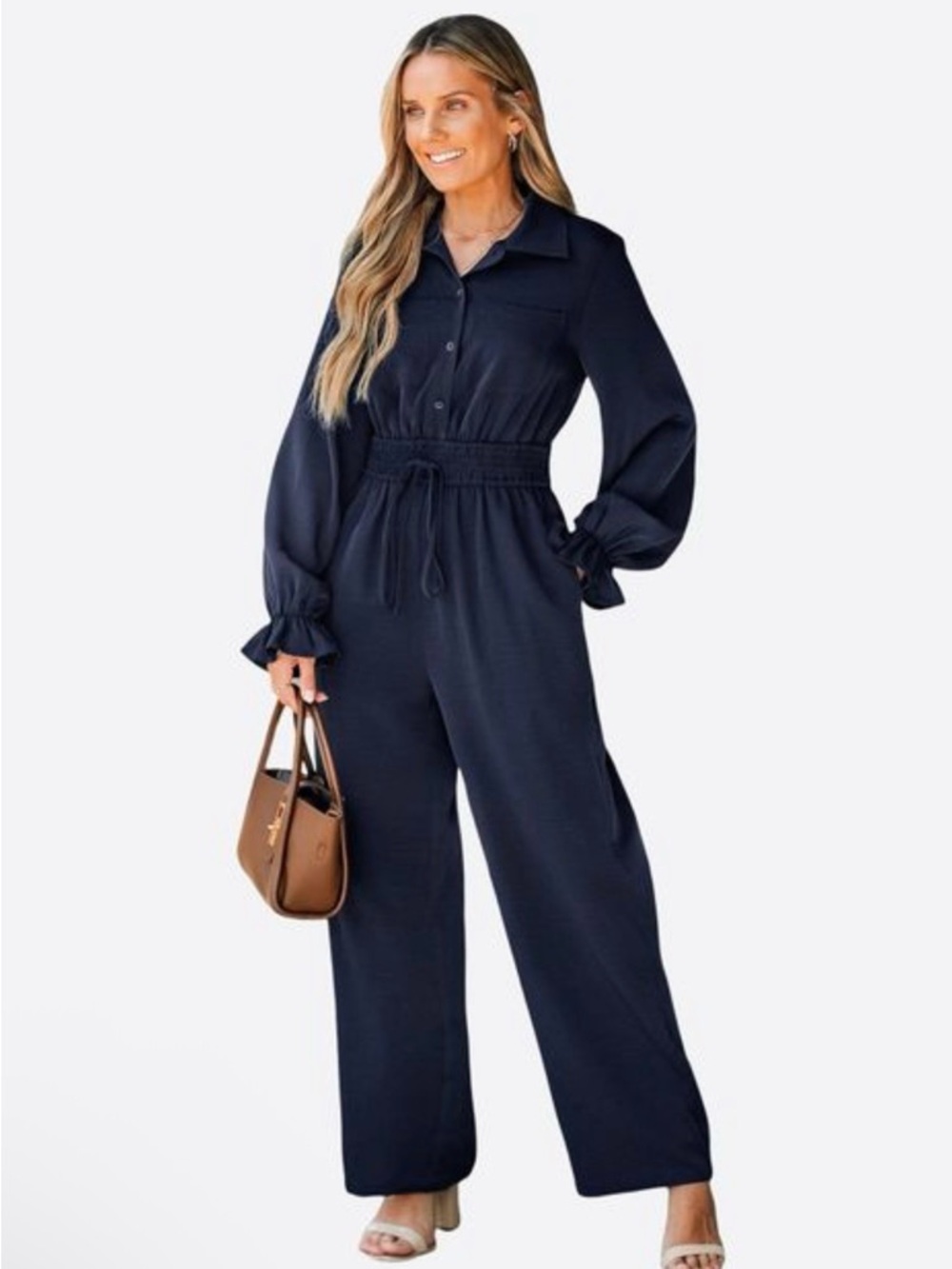 NWOT Cupshe Navy Long-Sleeve Drawstring Waist Jumpsuit